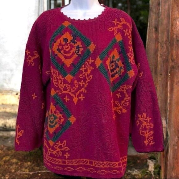 Vintage 80’s LeModa Hand Knit Abstract Christmas Holiday Grandma Sweater - Picture 1 of 13